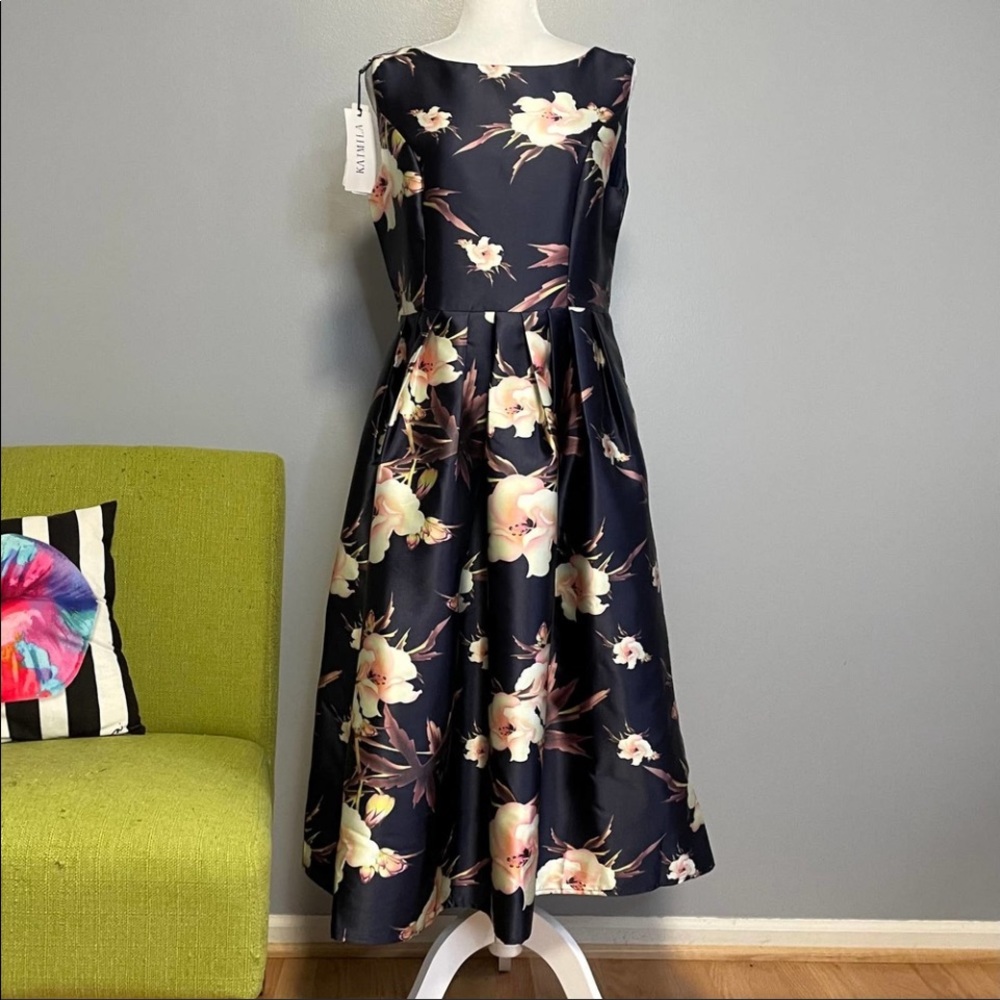 Kaimila Blue Floral Pleated Fit and Flare Midi Dress NEW US 8